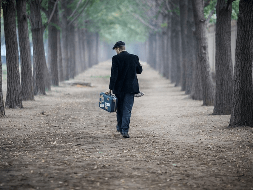 an image of a man walking through the woods